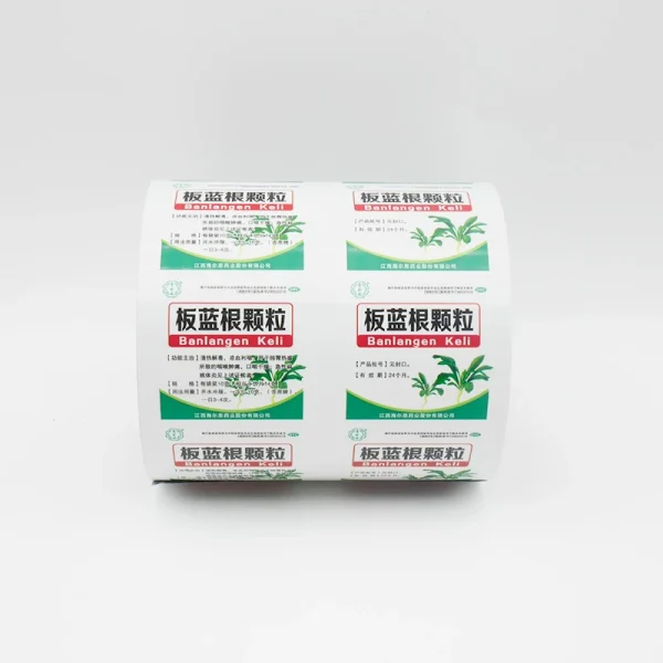 Close up of printed surface on laminated aluminum foil sachet film